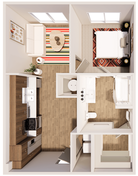 Floor plan for 1 bed, 1 bath, 627 sqft
